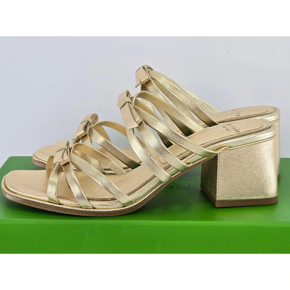 Kate Spade Carolina Block Heel Sandal Womens 6B Pale Gold Metallic KK638 - NEW